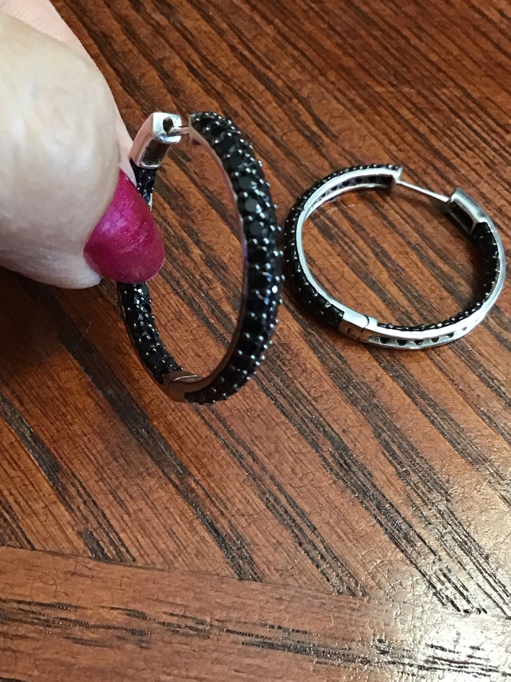Sterling Silver W/Black Stones Hoop Earrings  Signed KJC 925